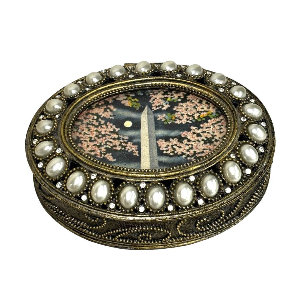 Washington Monument Trinket or jewelry box oval brass case hinged lid faux pearl